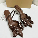 Women Pointed Toe Slingback Heels Elegant Satin Polka Dot Pumps With Oversized Bow Sexy Stiletto Party Shoes Dressy Heels Chic