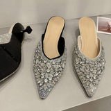 Silver Rhinestone Diamond Elegant Tacones De Mujer Sexy Mules Low Women Kitten Heels for Ladies