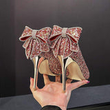 Size 33-43 Sequin Bow Talon Haut Slipper Summer Sandals Cute Designer Shoes Women Heels