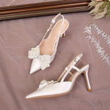 Detachable Wedding Shoes Zapatos Mujer Saltos Bow Lace up Strappy Ankle Pearl Strap White Wedding Heels for Bride