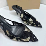 Women Quality Casual Shoes Ladies' Heeled Sandals Black and Gold Sequin Beaded Peep-Toe Back-Strap Pumps