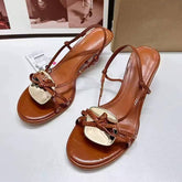 Women's Summer Professional Single-Strap Heeled Sandals, Fashionable Brown Style with Metallic Embellishments