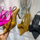 Satin Cloth Pink Bow Talon High Quality Slingback Pumps Fashion Elegant Female Shoes Ladies Heels for Women