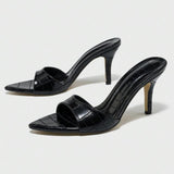 Women's Sexy Stiletto Heeled Sandals - Stone Texture, Pointed-Toe Ankle Strap Stylish Black Heeled Pumps