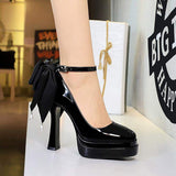 Women's High-Heel Platform Pumps with Double-Layer Waterproof Sole, Slip-On Buckle Strap and Large Back Bow