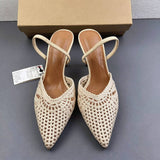 Chic Knit Mesh High Heels Women Pointed Toe Slingback Sandals Scalloped Hollow Out Stiletto Summer Party Shoes