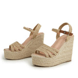 Sandales Compensees European Fashion Peep Toe Trendy T Strap High Heel Shoes Women Platform Wedge Palm Sandals