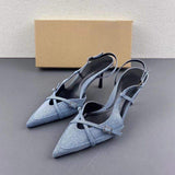 Es Chaussures Talon Femmes Escarpins Slingback Style Pointed Toe Denim High Heel for Women