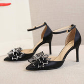 New Arrival Fancy Bow Rhinestone Buckle Strap Pointed Toe Heels for Ladies