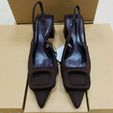 Women's Pointed-toe Block-heel Slip-on High Heels Sandals with Rhinestone Square Buckle and Ankle Strap Mules