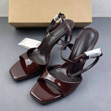 Sexy Open Toe Ankle Strap Sandals Glossy Leather Chocolate Color High Heels Luxury Ladies Chunky Stiletto Dress Shoes