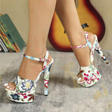 New Sandal Talon Pour Femm Women Floral l Embroidery Print Peep Toe Ankle Strap Stiletto Sandals Platform High Heels