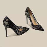 Size 43 Chaussure Femme Talon Slip on Lace Sex Elegant Style Female Lace Black Heels for Ladies and Women