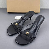 Chic Strappy Slide Sandals Metallic Sphere Black PU Leather Heeled Mules Elegant Square Open Toe Prom Shoes for Ladies