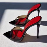 Sandalia Salto Feminina Transparent PVC Pointed Toe Mules High Heels Stiletto Red Insole Slip-on Sandals Heels