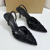 Women's Apricot Beaded Embellished Mesh Slingback Pointed-Toe Ladies Sexy Stiletto Mule Sandals