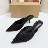 Ladies Handmade Crochet Upper Beaded Embellished Kitten Heel Mules Pointed Toe Backless Pumps Quality Women Sandals