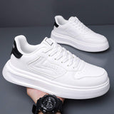 Men Fashion Sneakers Black White Leather Casual Shoes Daily Wear Perforated Walking Footwear Versatile Low Top Platform Shoes