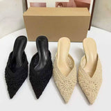 Ladies Handmade Crochet Upper Beaded Embellished Kitten Heel Mules Pointed Toe Backless Pumps Quality Women Sandals