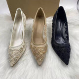 Veil-Embellished Rhinestone Mid-Heel Sandals for Women, Elegant Celebrity-Style Ladies Quality Pumps