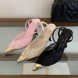 Sandale a Talons Femme Women's Lace Pointed Toe Stiletto Heels Metallic Gold Tip Ankle Strap Pumps for Party & Wedding