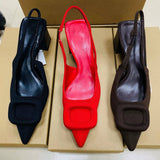 Women's Pointed-toe Block-heel Slip-on High Heels Sandals with Rhinestone Square Buckle and Ankle Strap Mules