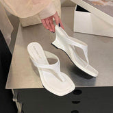 Women Square Toe Wedge Sandals Minimalist Thong Heeled Mules Elegant Summer Dress Shoes Party Office Daily Wear White