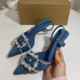 New European Slingback Fashion Denim Blue Zapatos De Mujer Summer Stiletto High Heels for Women Pumps Shoes