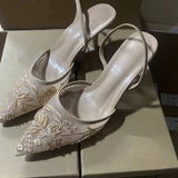 Women's Heeled Sandals for Autumn New Arrivals - White Embroidered Mesh, Slim Heel, Pointed Toe Sexy Ladies Heels