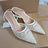 Women's Heeled Sandals for Autumn New Arrivals - White Embroidered Mesh, Slim Heel, Pointed Toe Sexy Ladies Heels