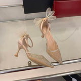 New Elegant Rhinestone Stiletto Heels Mesh Detail Bow Wedding Party Women Sandals