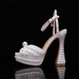 Delicate Pearl Decorated Open Toe Platform High Heel Sandals for Ladies Ankle Strap Formal Shoes for Bridal Evening Occasions