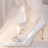 Wedding Bride Shoes Size 33-42 Elegant Silk White Pearl BOw Pointed Toe Pumps Sexy 2025 Trendy Women's Heels
