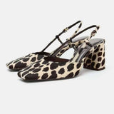 Ladies Faux Suede Hair Leopard Print Square Toe Chunky Heel Slingback Sandals Adjustable T-Strap for Evening Casual Work Events