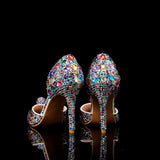 Women'S Colorful Rhinestone Pointed Toe Stiletto Heeled Sandals Hollow Side Design Ball Decor Party Wedding Dress Pump Shoes