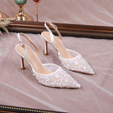 White Talons Dames Luxury Rhinestone Slingback Sandals Shoes Women Heel for Ladies
