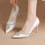 Satin Pointed Toe Stiletto Pumps Bridal Wedding Evening Party Dress Shoes Luxury Crystal Rhinestone High Heels for Women