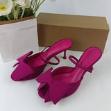 Satin-Feel Bow Embellished Pointed-Toe Mules with Single Strap Quality Elegant Women's Heeled Sandals