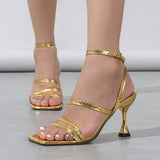 Fashion Sandalias Elegantes Strappy Summer Square Toe Sandal 2026 Gold Heel for Women