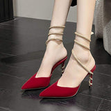 Wine Red Snake Ankle Wrap Fashion Sexy Stiletto Shoes Ladies Heels for Women