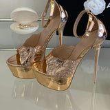 Gold Sandalias De Plataforma Pole Dance Metal Thin Stiletto Platform Stripper 16CM High Heels