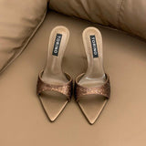 Fashion Rhinestone Heeled Sandals Women Pointed Toe Stiletto Mules Slip on Slide Sandals Sexy Bridal Prom Evening Shoes Heels