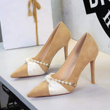 New Elegant Pink Faux Suede High Heels Pearl Strap Silk Bow Accent Pointed Toe Stiletto Pumps Wedding Bridal Party Shoes