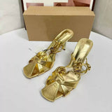 Summer New Style Women's Heels Sandals - Hollow-out Round Toe, Enclosed Toe Cap, Gold Straps, Suitable for Outdoor Wear