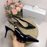 2025 New Metal Chain Black Sandals Shiny Women Shoes Slingback Pointed Toe Heels