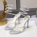 Silver Bottom European and American Version Sexy Bling Rhinestone Snake Ankle Wrap Silver Heels for Women
