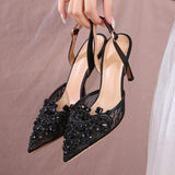 8.5CM/6.5CM Ladies White Footwear Zapato De Tacon Kitten Pearl Slingback Women Wedding Heels for Bride