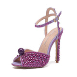 Women Glitter Beaded Stiletto High Heeled Sandals Ankle Strap Peep Toe Party Wedding Evening High Heeled Ladies Footwear