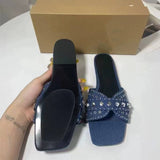 Chaussures Plates Féminines Women's Blue Denim Flat Sandals Open-toe with Shiny Embellishments