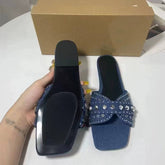 Chaussures Plates Féminines Women's Blue Denim Flat Sandals Open-toe with Shiny Embellishments
